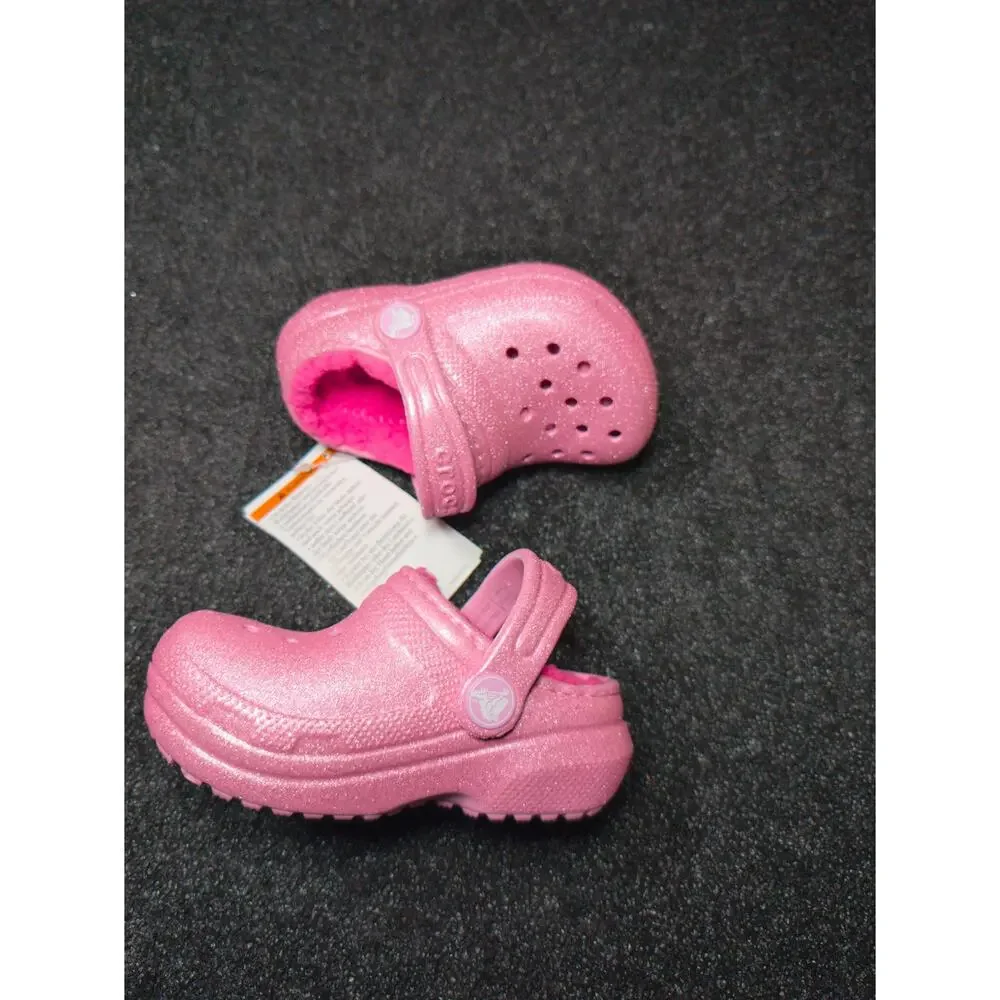 Crocs Classic Lined Glitter Clog Pink Tweed Toddler C5 Fuzzy Shoes NWT